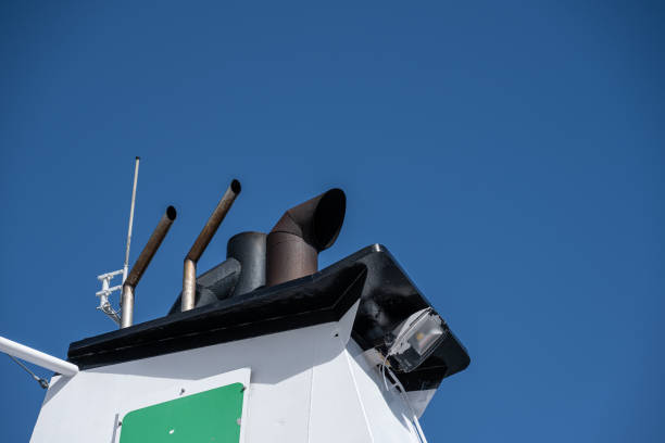 Farsund, Norway - July 02 2023: Funnel and exhaust of a large ship.