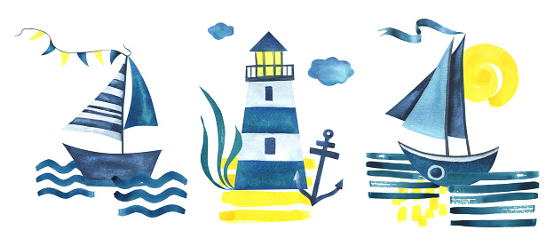 Sea boats, lighthouse, house, anchor and other marine elements. Watercolor illustration hand drawn in an abstract childish style. Set of isolated compositions on a white background