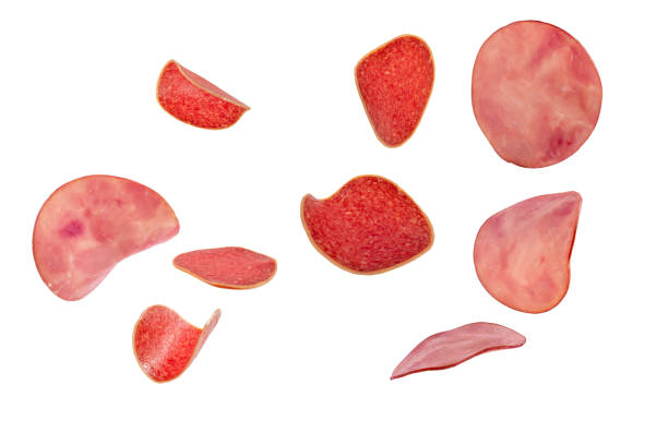 istock Falling tasty salami isolated on white background. 1743031077