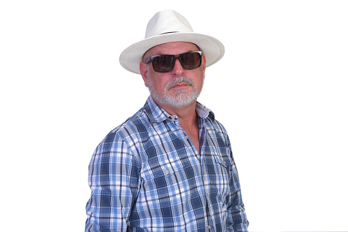 man wearing panama style straw hat with black ribbon isolated on white background, straw hat for woman and man head protection image
