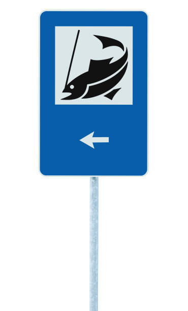 Fish camp road sign, isolated roadside assistance fishing area place signpost, grey pole post, large detailed vertical blue framed square traffic signage closeup, left side pointing direction arrow, white background señal de tráfico del campamento de peces, señalización aislada del lugar de la zona de pesca de asistencia en carretera, poste de poste gris, gran detalle vertical detallado de la señalización de tráfico cuadrada enmarcada en azul, lado izquierdo qu