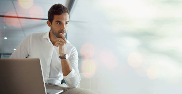 istock Mockup, thinking and business man in office for brainstorming, problem solving and ideas. Corporate company, banner and worker on computer working on online report, solution and research project 1743051670
