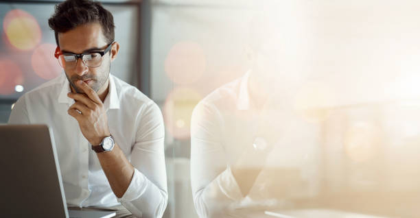 istock Banner, computer and businessman in office in reflection with mockup, bokeh and ideas on business trading. Networking, online research and man reading email, thinking and insight space in workplace. 1743067857