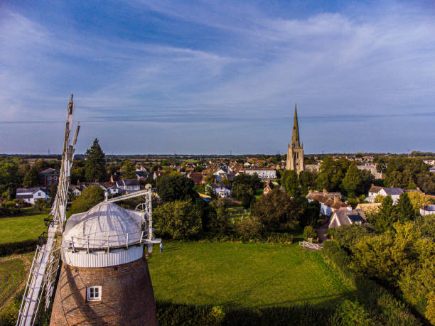 Evening sun falls upon Piston Windmill in the Chiltern Hills, Buckinghamshire.