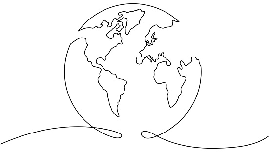Continuous Earth continuous line drawing symbol. World map one line art. Earth globe hand drawn. Vector illustration isolated on white background.