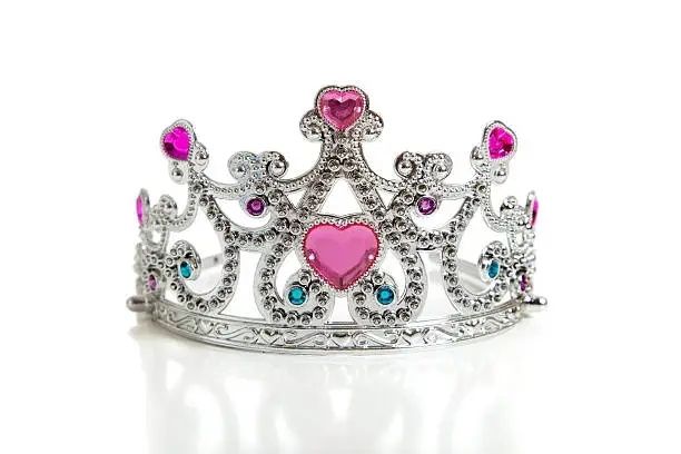 A child's toy princess tiara on a white background with copy space