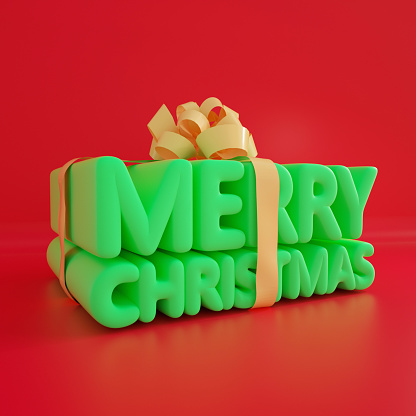 3d rendering of Merry Christmas text in the shape of gift box. Ribbon wrapped around green text isolated on red background.