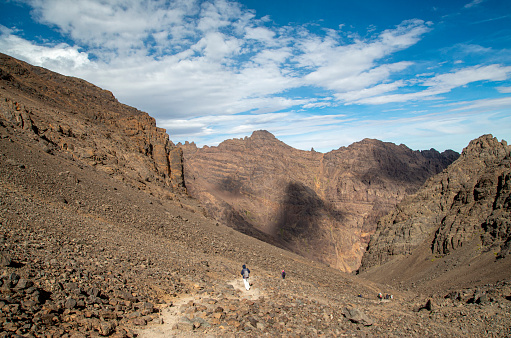 Trail from peak Toubkal to hut in High Atlas mountain in Toubkal national park, Morocco