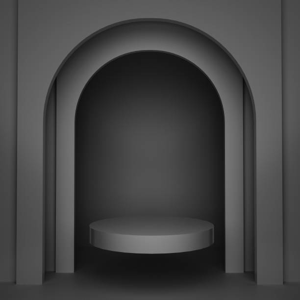 istock Black white 3d render. Mockup display product podium pedestal stand stage. Dark silver grey background. Arch niche shelf showcase wall room. 1743125308