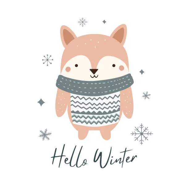 Vector illustration of Hello winter minimalistic card with cute fox. Christmas poster in scandinavian doodle style. Wintry template.