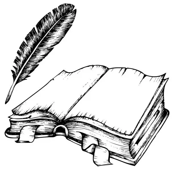 Vector illustration of Drawing of opened book with feather