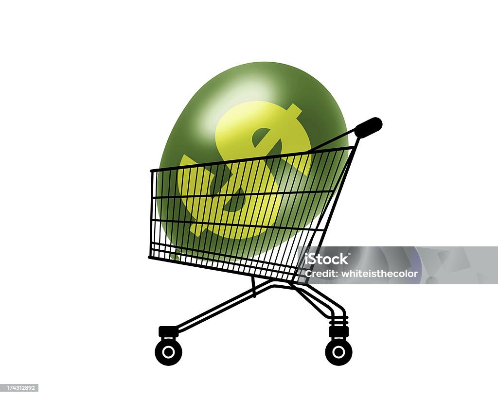 inflated purchasing power black silhouette of a shopping caddy with a green dollar balloon inside, a symbol of an inflated purchasing power Black Color Stock Photo