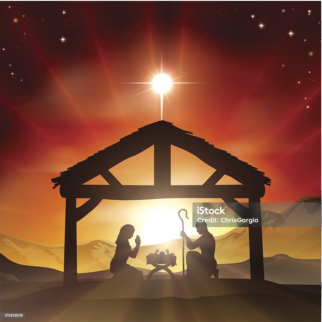 Nativity Christian Christmas Scene Christmas Christian nativity scene with baby Jesus in the manger in silhouette, and star of Bethlehem. Vector file is eps 10 and uses transparency blends and gradient mesh Nativity Scene stock vector