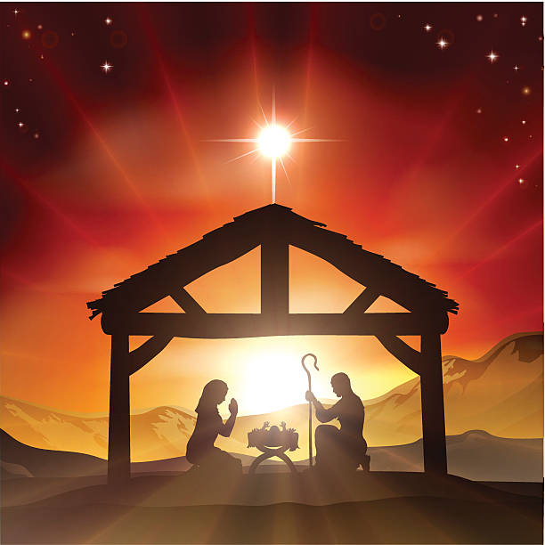 Nativity Christian Christmas Scene Christmas Christian nativity scene with baby Jesus in the manger in silhouette, and star of Bethlehem. Vector file is eps 10 and uses transparency blends and gradient mesh bethlehem star stock illustrations