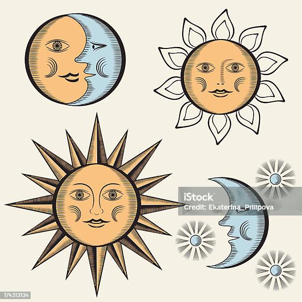 Sole Mese E Starsvector In Stile Vintage - Immagini vettoriali stock e altre immagini di Sole - Sole, Silografia, A forma di stella