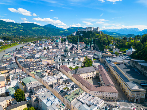 Classic panorama view of the old town of Salzburg, a UNESCO World Heritage Site, on a sunny day with blue sky at sunset in summer, Austria, Europe