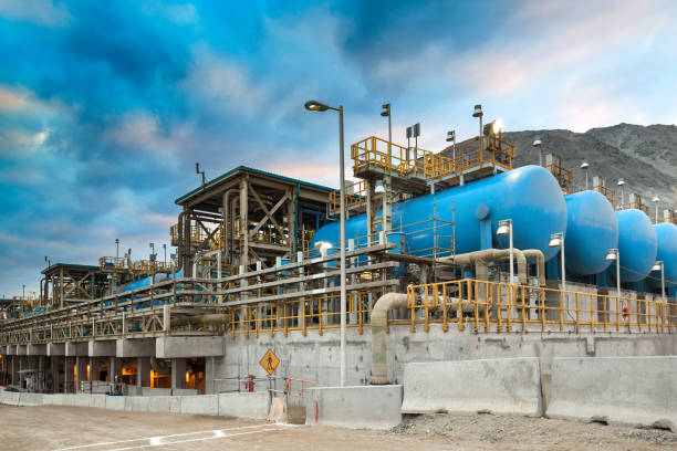 Water tanks and reverse osmosis equipment in a desalination plant. stock photo