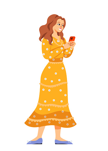 Person holding mobile phone. Happy woman in romantic dress uses smartphone for online chatting or communicating on Internet. Character with device in hands. Cartoon flat vector isolated illustration