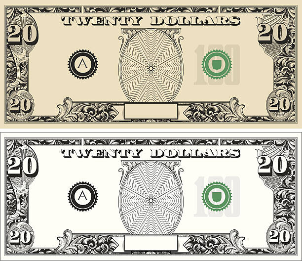 ilustrações, clipart, desenhos animados e ícones de vinte nota de 20 dólares com texto - twenty dollar bill