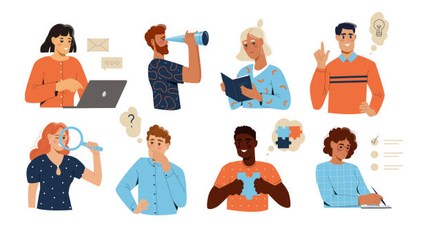 Set of different people Set of different people. Illustrations with men and women working on laptop, reading book, looking for creative ideas and making schedule. Cartoon flat vector collection isolated on white background creative-thinking-happy stock illustrations