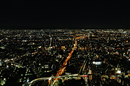 The wide Osaka Skyline at night with the city lights