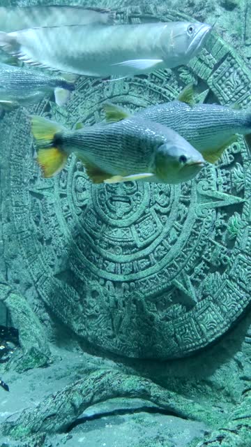 Aztec sun stone and swimming fish