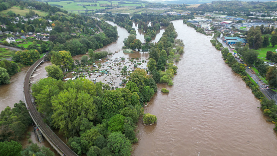 Aerial view of floods on River Tay looking south