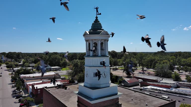 Clock Tower with vane stand on Broad Street in Camden SC. Water tower and church rise above the blue sky horizon. Aerial footage with static camera motion