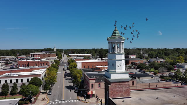 Camden Clock Tower with vane stand alone the commercial center of Camden, South Carolina. Flock of pigeons fly over Broad Street against blue sky. Aerial footage with backwards camera motion