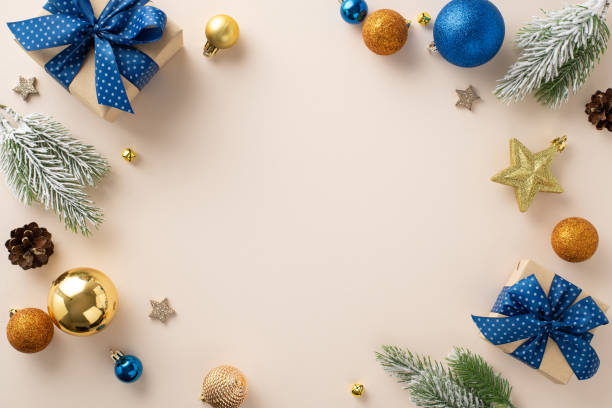 istock Whimsical Yuletide scene: top view artfully wrapped gift boxes, sparkling tree ornaments, cones, frost-kissed fir branches set against pastel backdrop. Canvas for your holiday wishes or promo message 1743171744