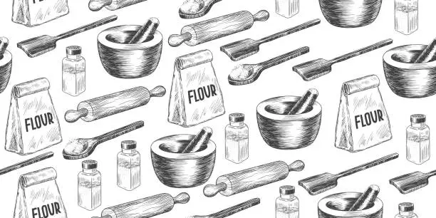 Vector illustration of Seamless pattern with hand drawn kitchen utensils