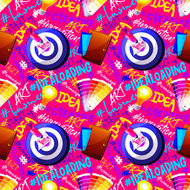 istock Creativity and ideas concept in cartoon style. Dartboard with a target with creative paper notes, a stick of flowers, a burning light bulb and a folder on an abstract color background. Stylish abstract seamless color background. 1743186724