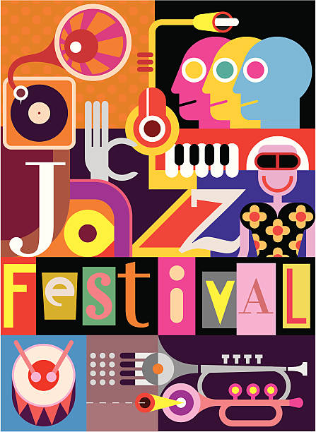 illustrazioni stock, clip art, cartoni animati e icone di tendenza di jazz festival poster - guitar illustration and painting abstract pattern