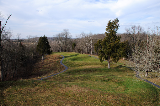 Scenic view of Chickamauga National Military Park showing Snodgrass cabin in the park photographs taken April 2022