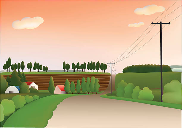 Evening hill Hill landscape illustration on a sunny evening. power cable illustrations stock illustrations