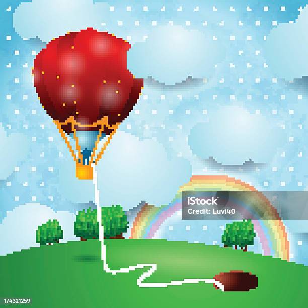 De Balão De Ar Quente Na Paisagem De Fantasia - Arte vetorial de stock e mais imagens de Ao Ar Livre - Ao Ar Livre, Arco-Íris, Aterrar