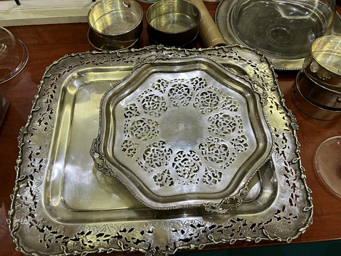 The antique old design metallic tray view at the restaurant
