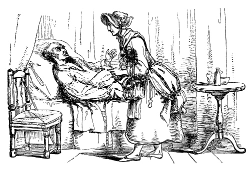 Catherine “Kitty” Wilkinson (the Saint of the Slums) attending to a man sick with cholera in Liverpool, England, Uk. Vintage etching circa 19th century.