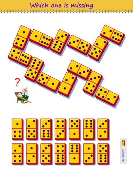 Vector illustration of Logic puzzle game for children and adults. Which domino piece from set is missing on the picture? Kids brain teaser book. Play online. Memory training for seniors. Developing spatial thinking skills.
