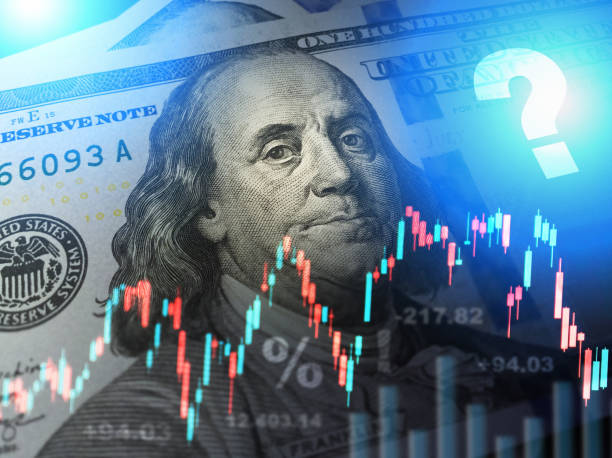 istock Financial data analyzing graph on dollar background. Uncertainty in the cryptocurrency market. Question mark and stock market data with US dollar 1743240307