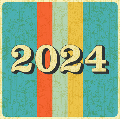 New Year 2024 Poster in Retro Desigh Style 60s, 70s, 80s.