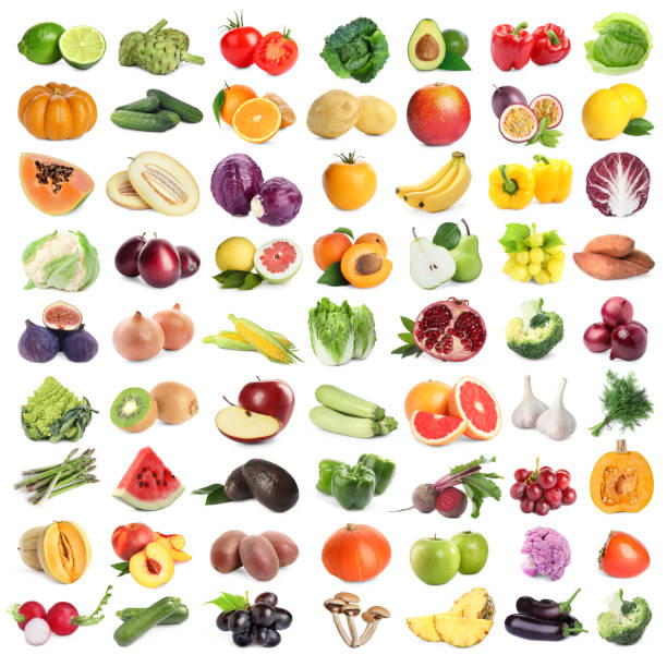 istock Many fresh fruits and vegetables on white background, collage design 1743256724