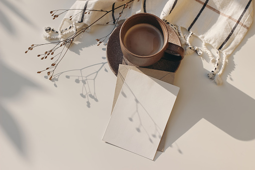 Christmas still life. Blank greeting card, invitation mockup with dry flower in sunlight. Soft shadows. Cup of coffee and white checkered plaid on table. Winter flatlay, top view, copy space.