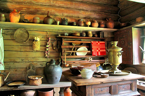 istock Russian izba showing the kitchen interior and pottery 174327516