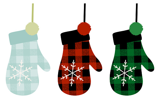 A set of buffalo plaid mittens in blue, red, and green