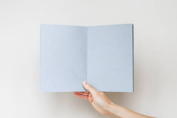 istock a female hand holds an open blue notebook with blank pages on a gray background 1743285035