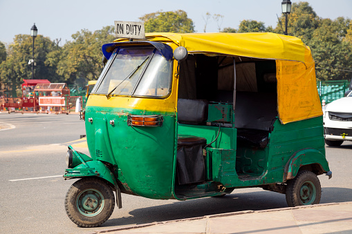 Empty bicycle rickshaw in street. Pondicherry, South India