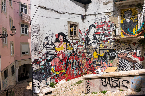 Mouraria, Lisbon, Portugal. July 21, 2023. Captivating Lisbon's Mouraria district, a fado-inspired painting, exudes the soulful melodies and rich culture of Portugal.