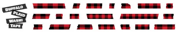 Vector illustration of Vector set with red and black lumberjack buffalo plaid Christmas torn stripes of adhesive paper tape for scrapbooking and holiday decoration