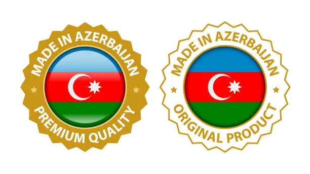 Vector illustration of Made in Azerbaijan. Vector Premium Quality and Original Product Stamp. Glossy Icon with National Flag. Seal Template